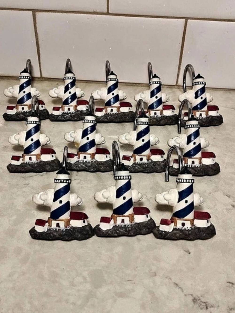 Vintage LIGHTHOUSE Jubilee Shower Curtain Hooks Set of 12 + Figure Decor